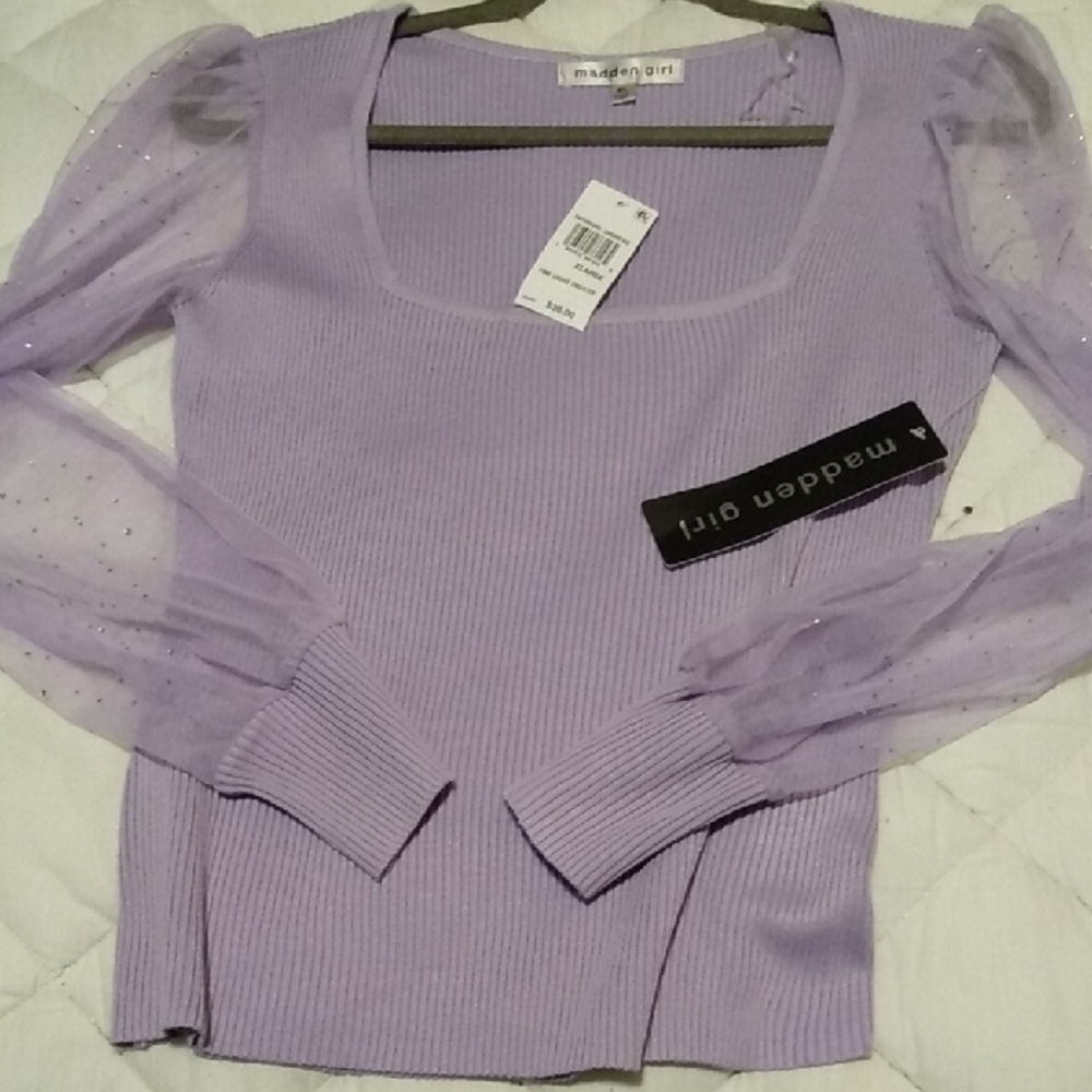 Madden Girl Purple Ribbed Long Sleeve Blouse